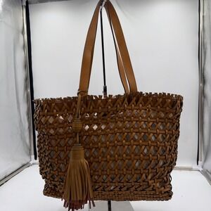 Vince Camuto Woven Leather Tote Bag Tan Brown Tassel Shoulder Bag